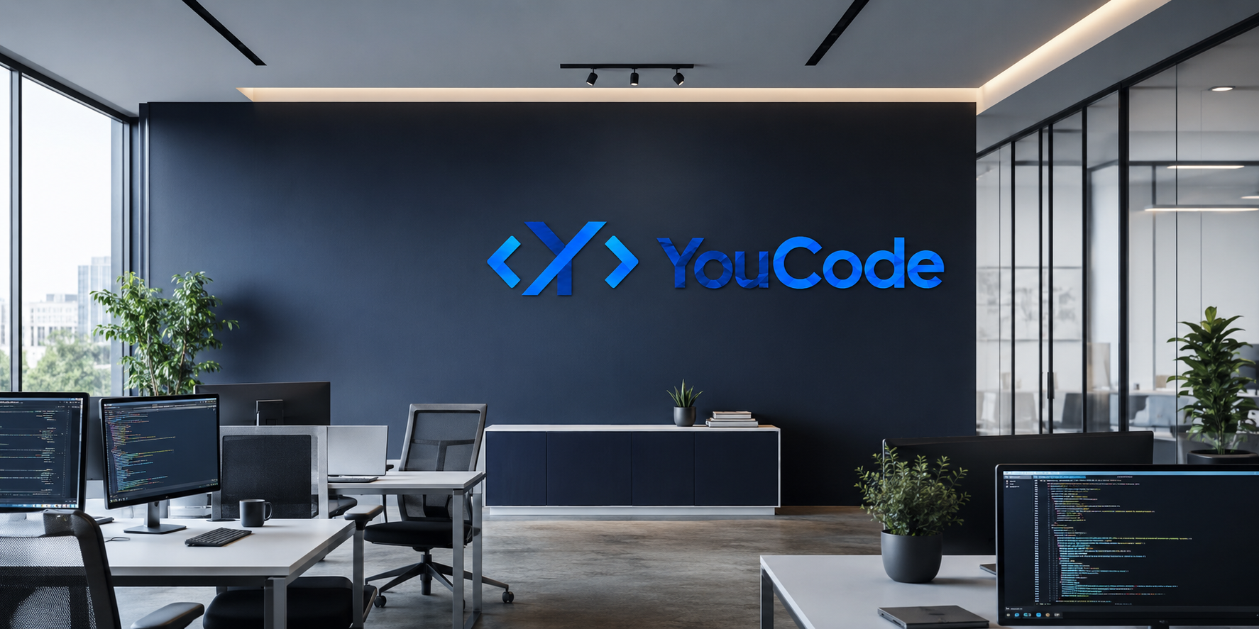 Bureaux modernes YouCode avec le logo sur un mur